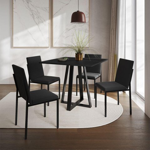 Conjunto de Jantar Mesa Mônaco 90cm Tampo Preto com 4 Cadeiras Estofadas Pretas - Cor: Preto