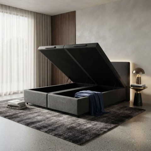 Base Baú Queen Size (158x198) Bipartida com Puxadores em Madeira – Revestimento em Linho Exclusi