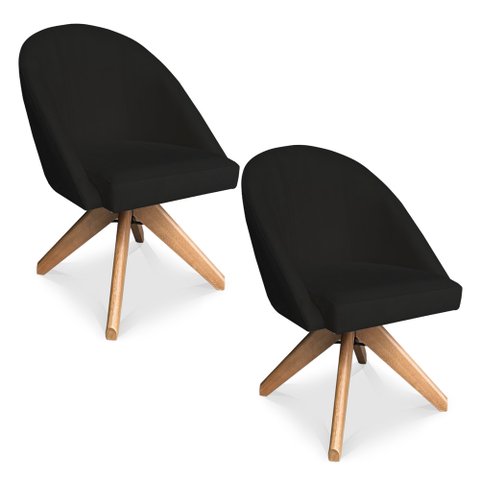 Kit 02 Poltronas Cadeira Giratória Bela Suede Preto Base de Madeira - Pallazio