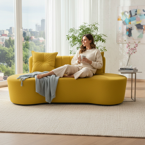 Sofá 2 Lugares Orgânico Curvo Madrid 150cm Couro Amarelo