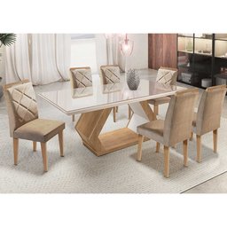 Mesa Alvorada 180 Tp Mdf Vidro canto Reto 6 Cadeiras Rufato - 1