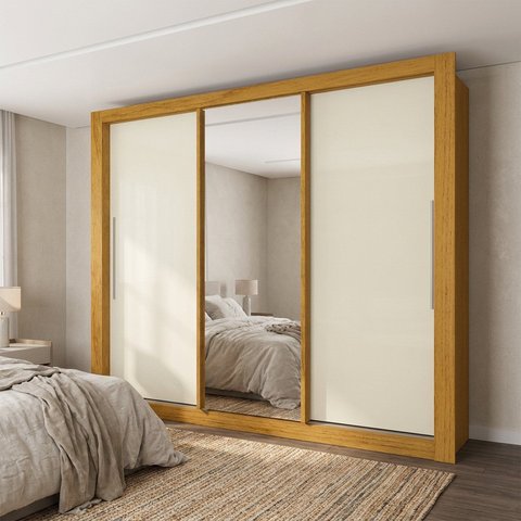 Guarda-Roupa Casal com Espelho em MDF com 3 Portas de Correr e 4 Gavetas Casuá Naturale Off White