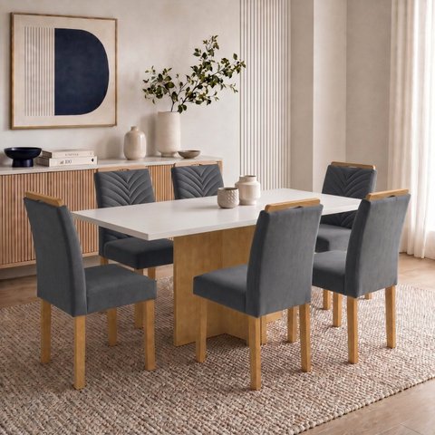 Conjunto de Mesa 6 Lugares com 6 Cadeiras Carol em MDF Cinamomo Off White