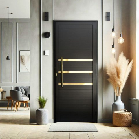 Porta de Aluminio Lambril 210x90cm Frisada com Puxador Super Brimak Abertura Direita Preto/Dourado