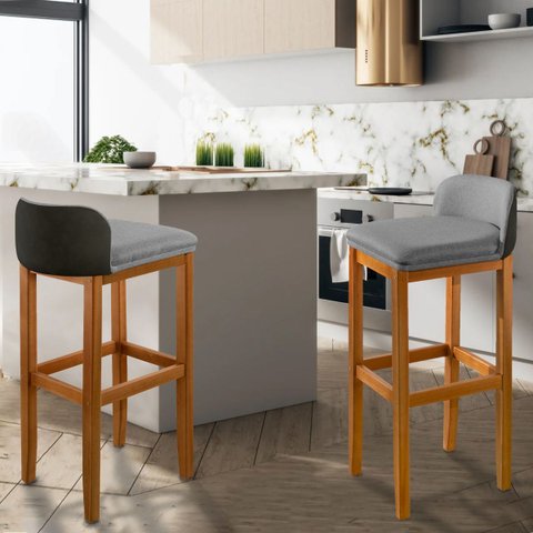Kit 2 Banquetas Luxo Alta Onix -base em Madeira Maciça - Estofado em Linho com Composê no Corino - P