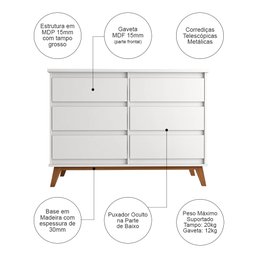 Cômoda para Quarto Londres com 6 Gavetas - Branco - 3