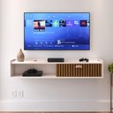 Ver imagem 2 de Rack Suspenso Tv 1.20 Home Decor Puxador Concha Nicho Decorativo Sala Quarto - Off White/ripado