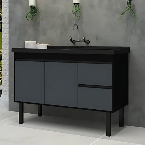 Gabinete de Cozinha Armário 91cm 2 Gavetas 2 Portas 100% Mdf:preto/grafite