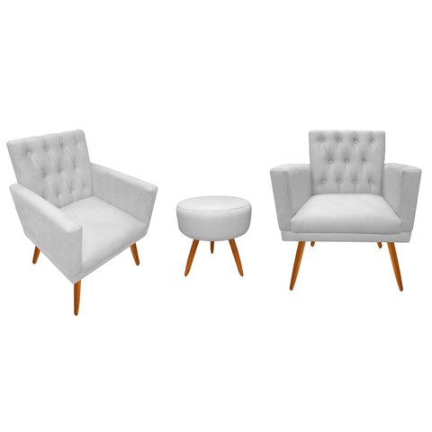 Kit 2 Poltronas Decorativa Nina Capitonê + Puff Redondo Couro Branco Pés Madeira Ms Decor