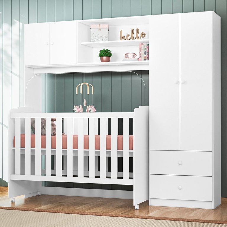 Conjugado Quarto Infantil 4 Portas, 2 Gavetas Ternura com Berço Amore Branco - Peternella Móveis