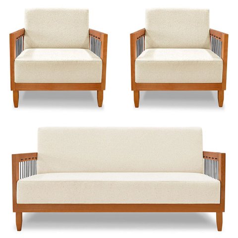 Kit 2 Poltronas e Sofá Living 2 Lugares Marilia 1,60m Linho Base em Madeira Castanho - Pallazio Bege
