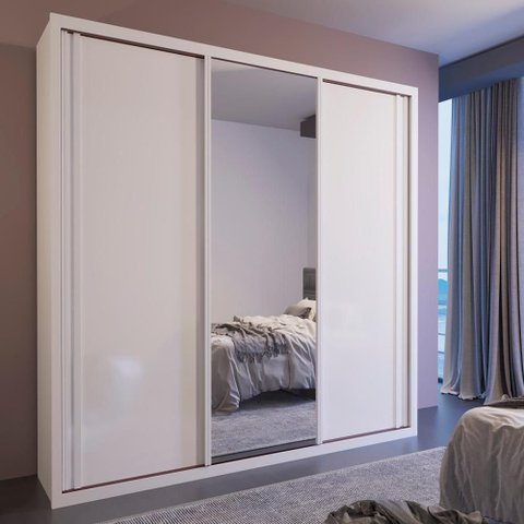 Guarda Roupa Casal Torino com Espelho 3 Portas de Correr 4 Gavetas MDF Branco Bom Pastor Móveis