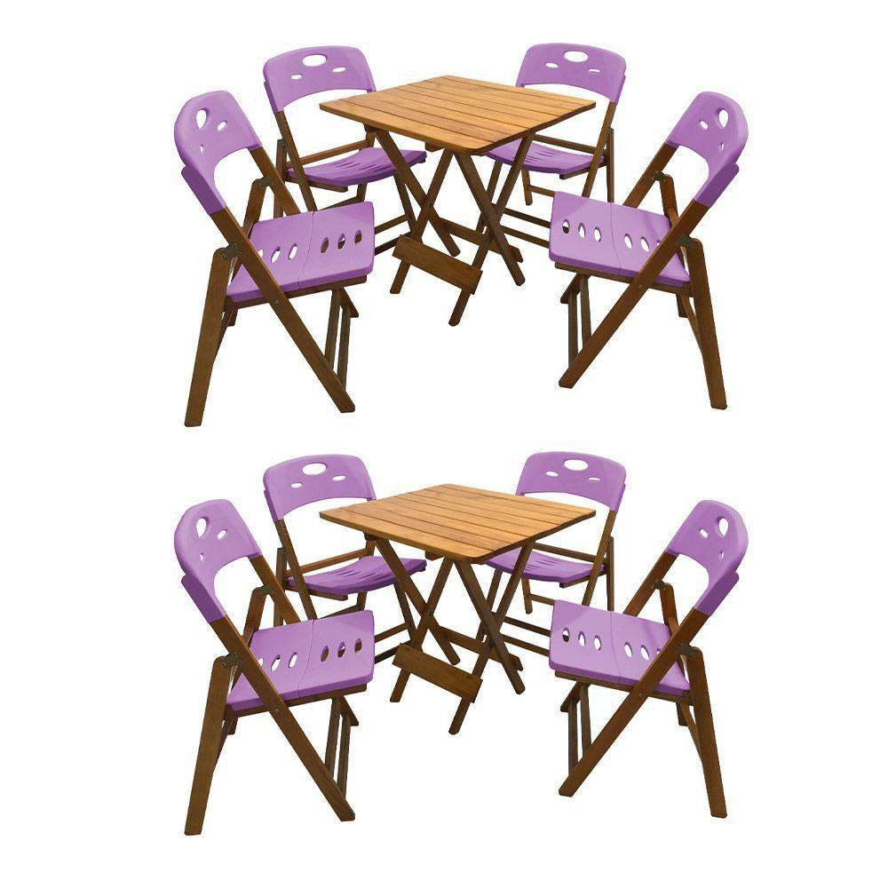 Kit Com 2 Jogos De Mesa Dobravel 70X70 Com 4 Cadeiras Mel Polipropileno Roxo Amarelo