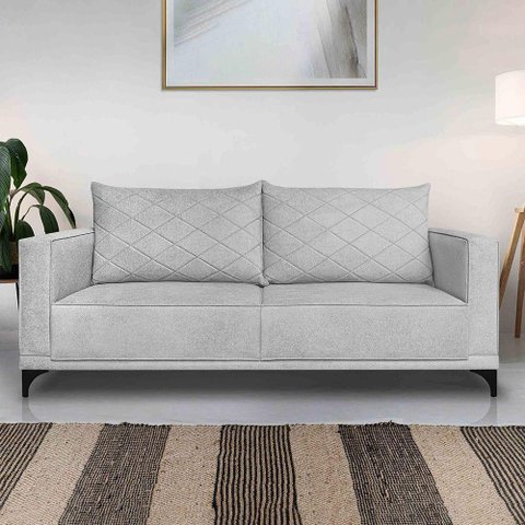 Sofá Living 3 Lugares com Pés de Ferro Almofadas Soltas 220cm Neso Bouclê Cinza