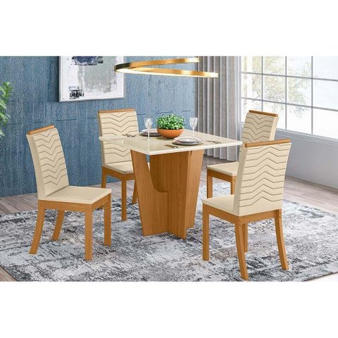 Sala de Jantar Completa Vértice Tampo Madeirado C/ Vidro 90x90cm e 4 Cadeiras Isa Nature/veludo