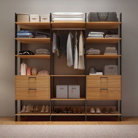 Closet Modulado 3pc 2,17m 4 Gavetas Cabide e Prateleiras Tw404 Pradel Móveis-freijó/preto Fosco