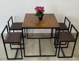 Conjunto Mesa 4 Cadeiras Pequena Estofado Marrom Industrial Wood Box - 3