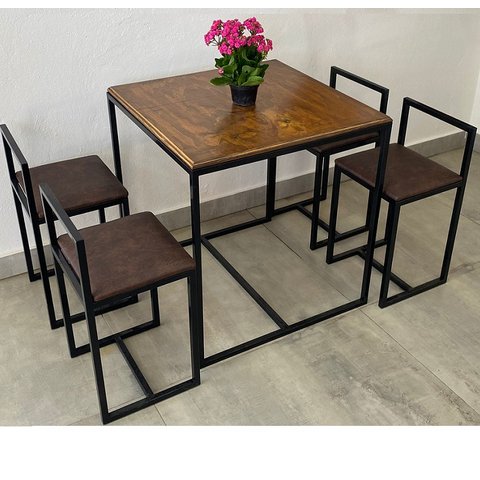 Conjunto Mesa 4 Cadeiras Pequena Estofado Marrom Industrial Wood Box