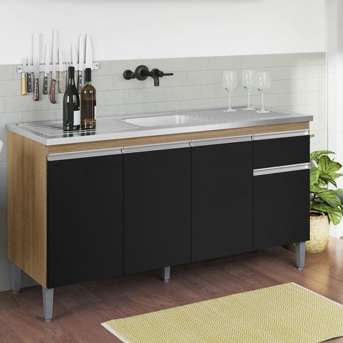 Balcão de Pia Ambiente Tatiane 145 Cm Amêndoa Preto - Ajl