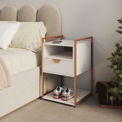 Mesa Lateral Industrial Tókio com Gavetas em Ferro Cobre para Dormitório - Tampo Branco