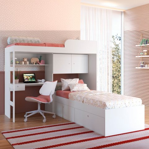 Beliche Atacama 6 Portas 1 Gaveta com Escada Cama Alta e Bancada de Estudo Branco - Panorama Móveis