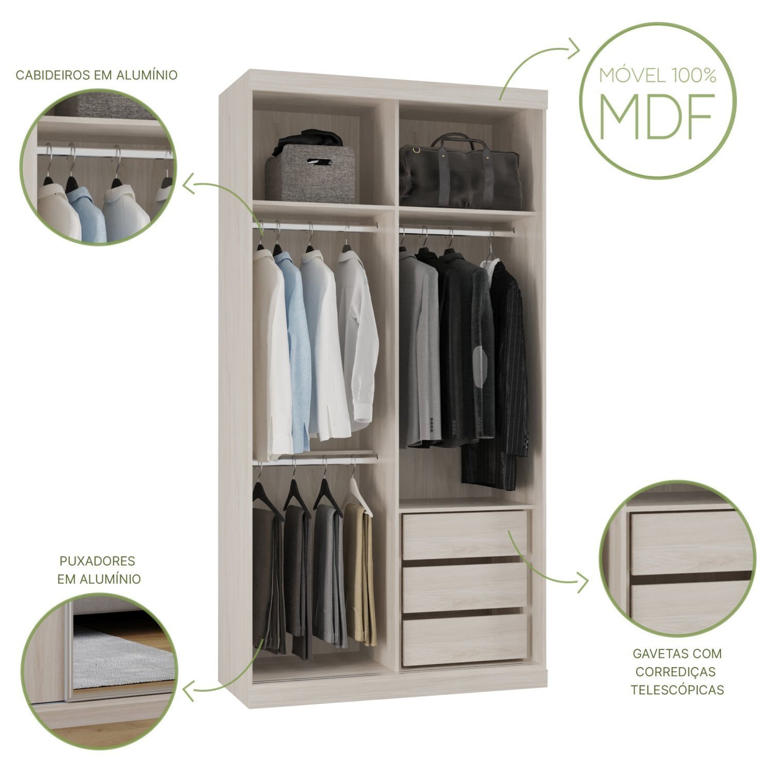 Guarda Roupas Modulado Solteiro 120cm 2 Portas de Correr 100% Mdf Royal - 7