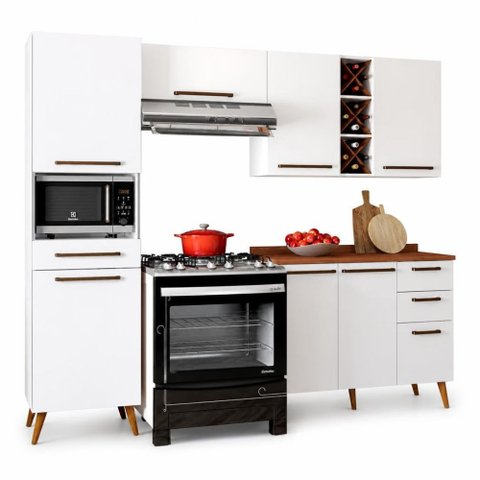 Armário de Cozinha Completa com Adega 7 Portas 4 Gavetas Favorita Branco/Nature