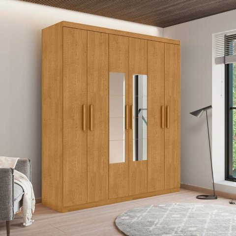 Guarda Roupa Casal Lume Nobre 6 Portas 3 Gavetas MDP com Espelho Naturalle Framar