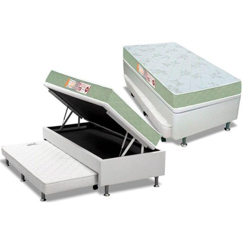 Cama Box Baú c/Auxiliar Solteiro: Colchão Espuma Castor D33 Sleep Max + Base CRC Courano White(