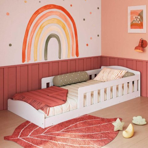 Cama Montessoriana Infantil 192cm com Grades de Proteção Cor:branco