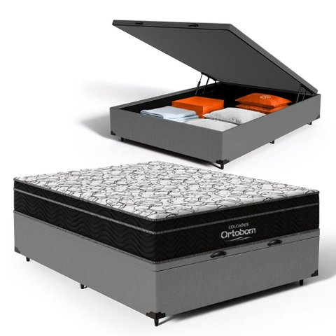 Cama Box Baú com Colchão de Espuma D45 Ortobom Airtech Ortopillow 150 Casal 138cm