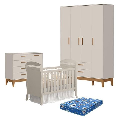 Quarto de Bebê 4 Portas com Cômoda com Porta Flip e Berço Americano Danny Areia Acetinado com Colchã