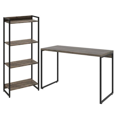 Kit Estante Areta 4 Prateleiras com Mesa Industrial Aspen 120cm C01 Carvalho Dark - Lyam Decor