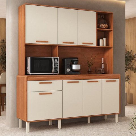 Cozinha Compacta 7 Portas 1 Gaveta 180cm com Nicho Dunas Itatiaia Marrom/Cinamomo/Off White
