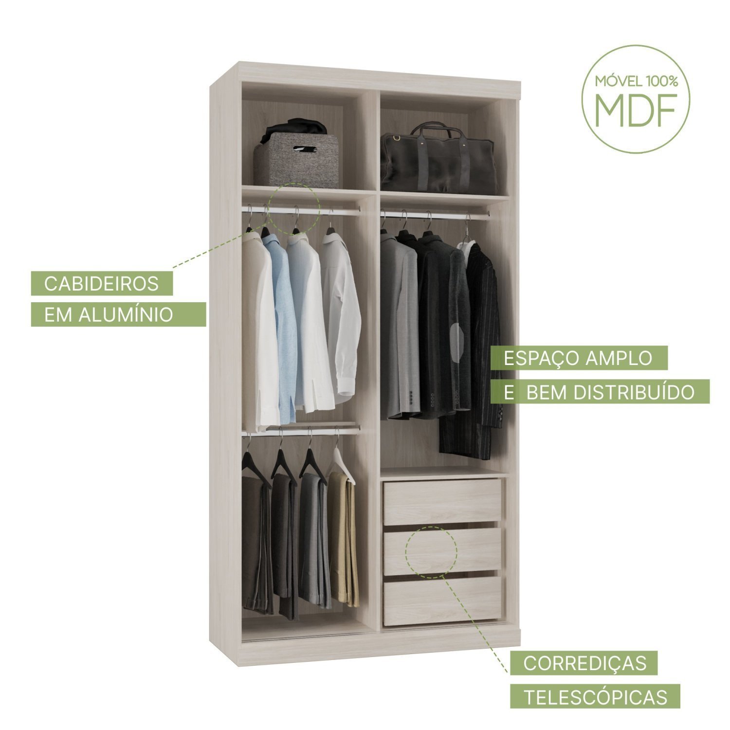 Guarda Roupas Modulado Solteiro 120cm 2 Portas de Correr 100% Mdf Royal - 6