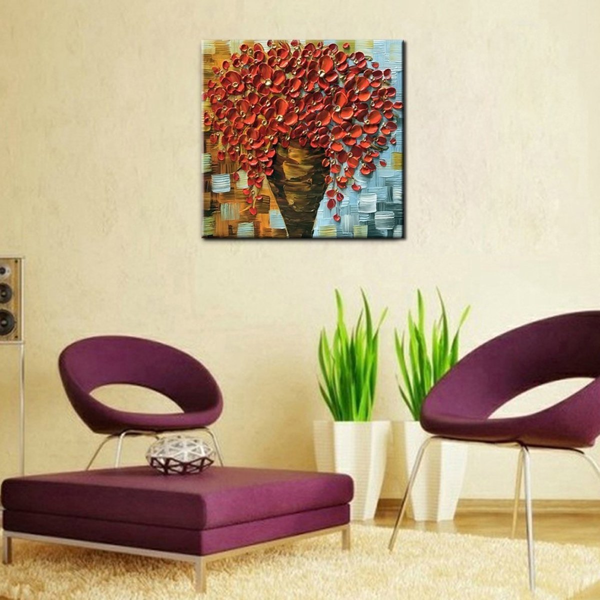 Quadro Pintura Tela anos vermelho flor quadrado finala 5357: 110cm (A) x 110cm (L) - 5
