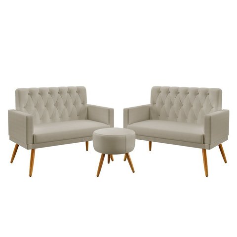 Kit 2 Poltronas Namoradeira Nina Rodapé e Capitonê com Puff Solar Courino Bege Aradecor