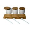 Kit 3 Porta Tempero Colher Cerâmica Bandeja Tampa Bambu - 3