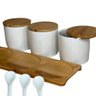 Kit 3 Porta Tempero Colher Cerâmica Bandeja Tampa Bambu - 4