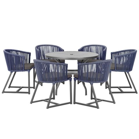 Mesa e 6 Cadeiras e Noronha Preto E11 Trama Original Azul