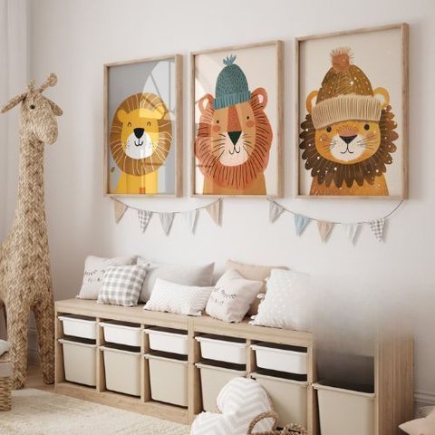 Kit 3 Quadros Decorativos Infantil - Leao do Safari NO2 - 30x40 - Moldura Madeira