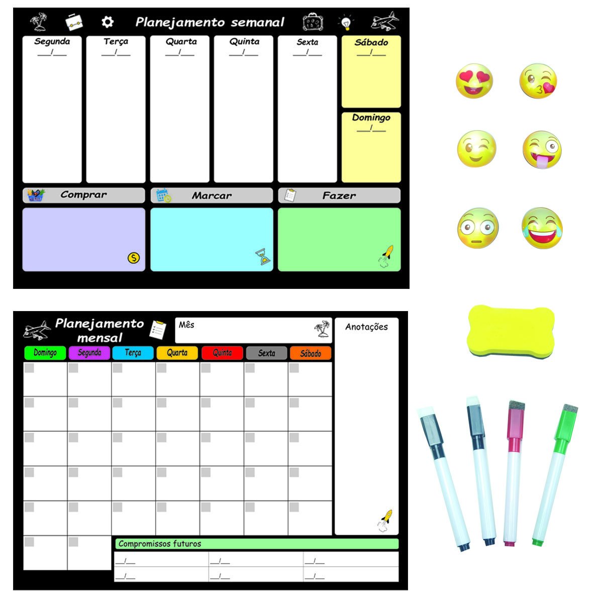 Kit Planejador Mensal e Semanal Magnético Geladeira com 4 Canetas Apagador Emoticons com Imã Planner - 2