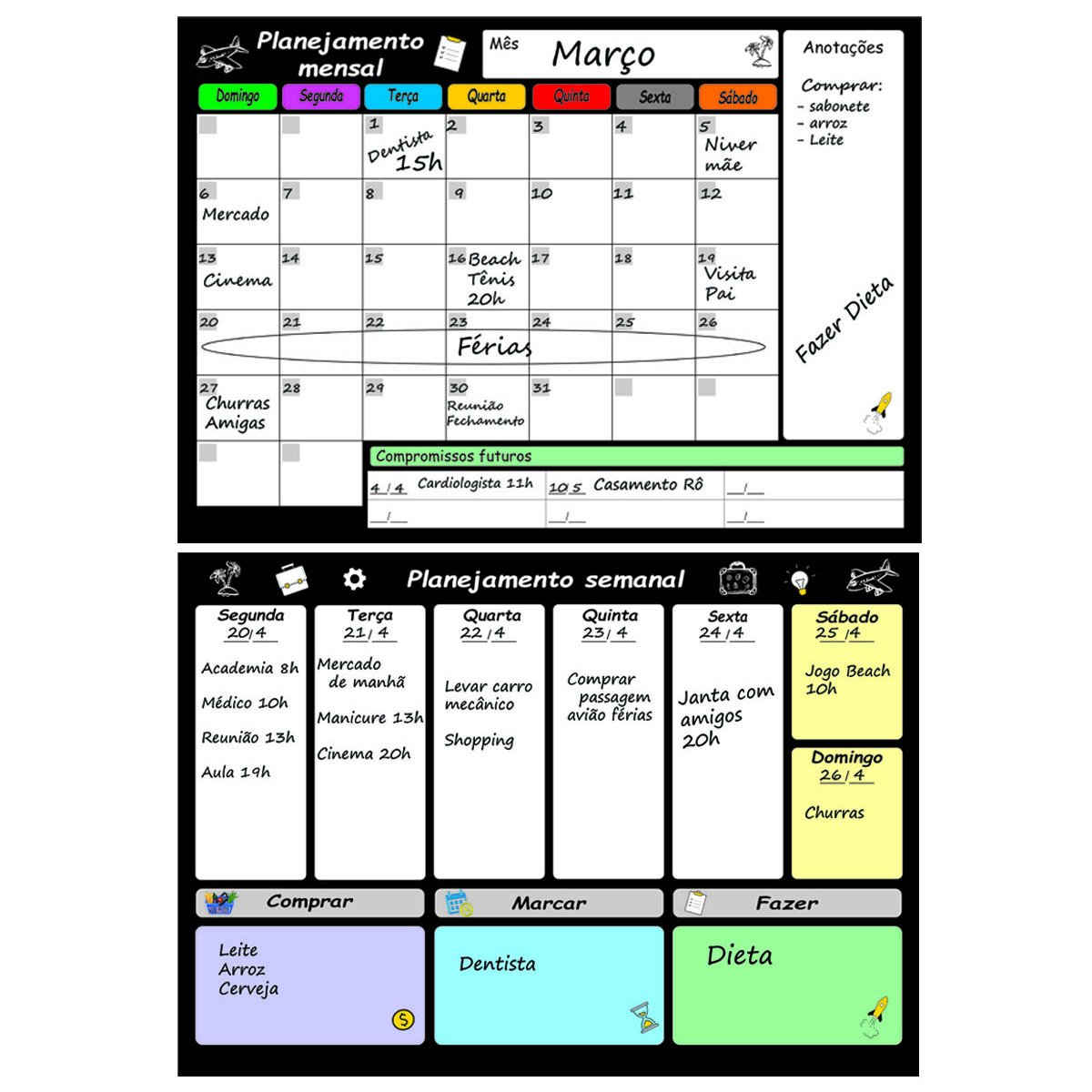 Kit Planejador Mensal e Semanal Magnético Geladeira com 4 Canetas Apagador Emoticons com Imã Planner - 3