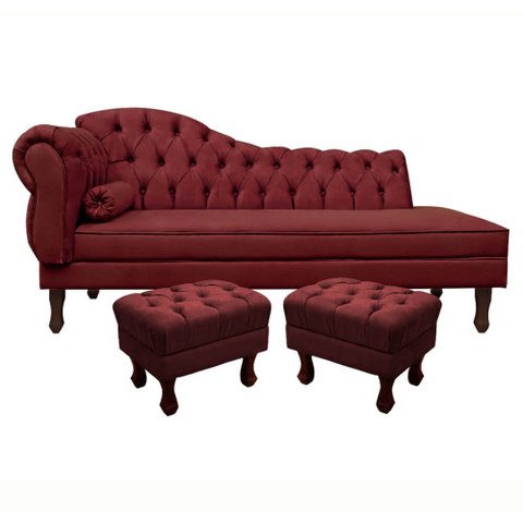 Divã Recamier Namoradeira Larissa 160cm com Capitonê - Direita + 02 Puffs Retrô Suede