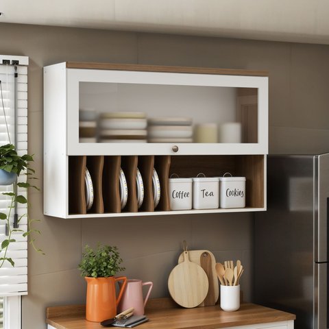 Armário Aéreo Porta Basculante 120cm Cozinha com Nicho Mdf Cor:branco com Ébano
