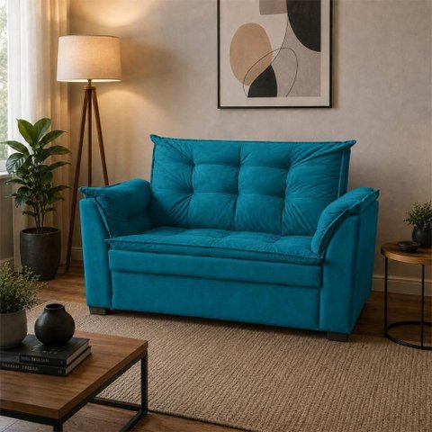 Sofá Alice 2 Lugares Compacto Suede Premium Turquesa Império Decor 140cm