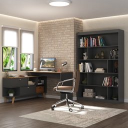 Kit 2 Peças com Escrivaninha em L Retrô 136x120cm e Estante 120cm para Livros 4 Prateleiras - 1