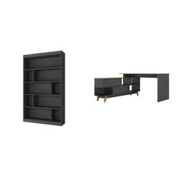 Kit 2 Peças com Escrivaninha em L Retrô 136x120cm e Estante 120cm para Livros 4 Prateleiras - 2