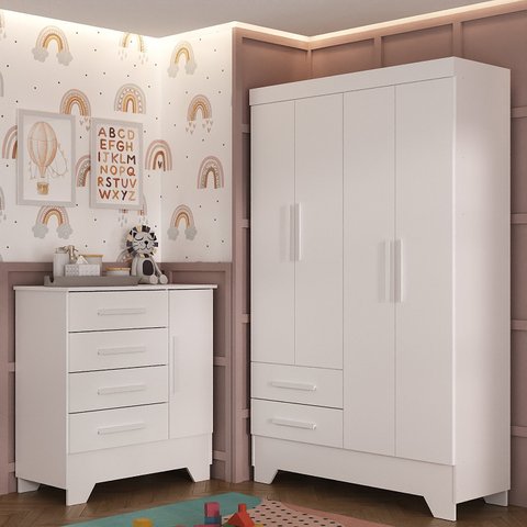 Quarto Infantil Completo Guarda Roupa 4 Portas 2 Gavetas com Cômoda Liz