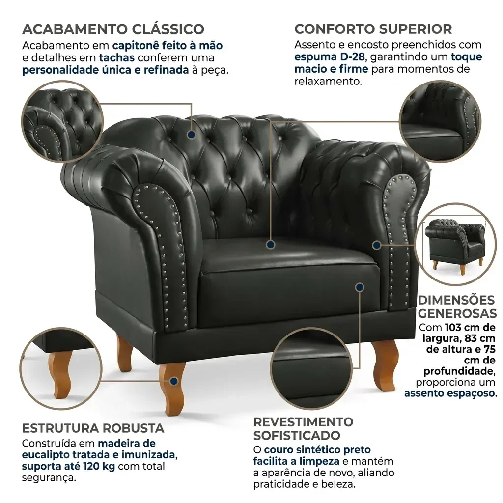 Ver imagem 4 de Poltrona Decorativa Chesterfield Clássica Couro Sintético Duque Preto Yescasa